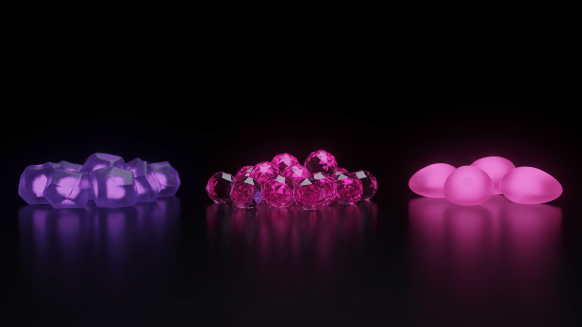 Three separate clusters of glass forms, each cluster sharing its own surface finish