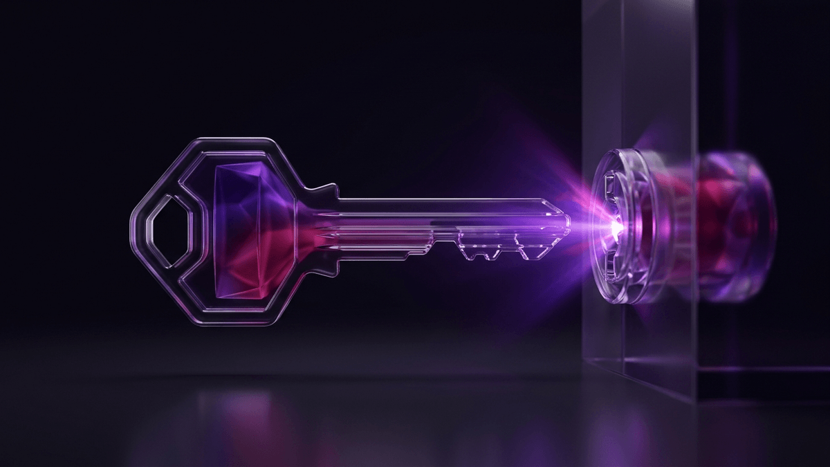 A glass key meeting its cut socket with violet light flaring at the join